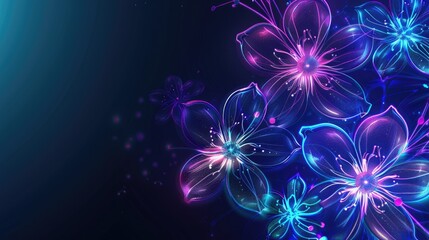 A cluster of ethereal flowers radiate with a vibrant blue and pink glow against a dark blue background