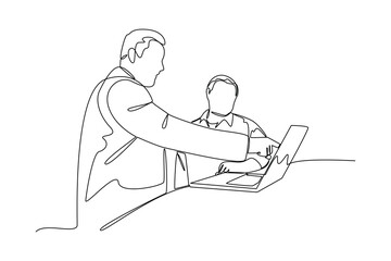 continues line employee presentation with boss in office pointing towards laptop. one line art illustration