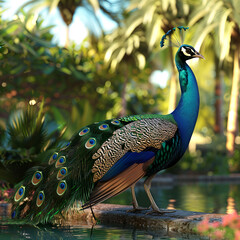 A majestic peacock poses elegantly on a tree branch,
Beautiful peacock with colorful feathers on black background