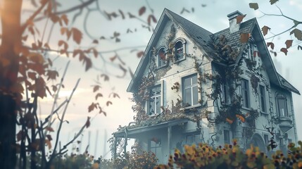 Haunted mansion with overgrown vines and broken windows, Halloween, atmospheric social media background