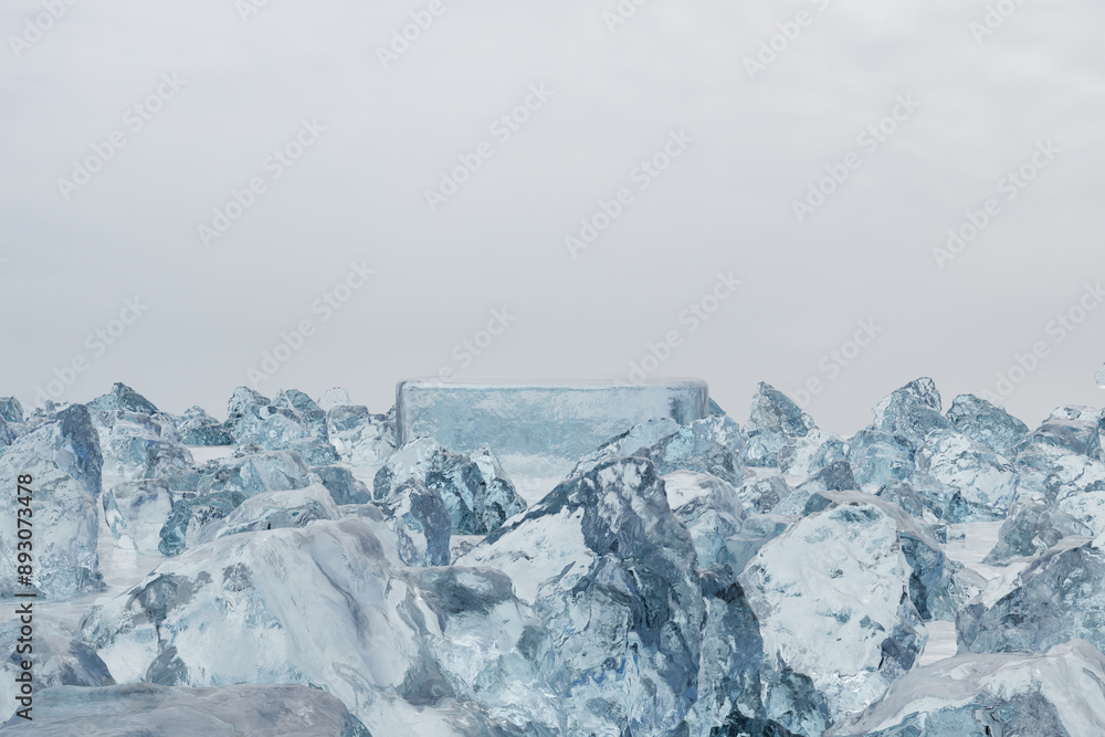 Poster 3d render platform background and empty round stage, ice podium on the ice rock in winter for produc