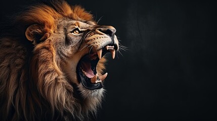 Naklejka premium Roaring Lion Portrait Against a Dark Background