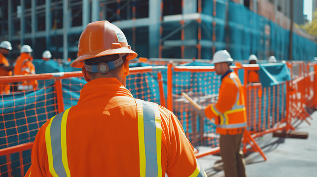 A group of hard hat-wearing workers setting up temporary fencing and barriers for a major outdoor event. The scene includes event layout, construction equipment, and preparations underway for a large 