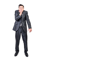 Nervous businessman biting nails in studio. White background.