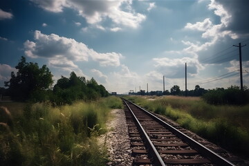 Fototapeta premium Malerische Eisenbahnschienen in ländlicher Landschaft unter blauem Himmel - Gleise in der Landschaft - Zugfahrt im Sommer - Ai-Ki generiert