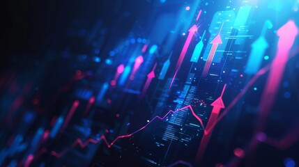 Obraz premium Blue stock market graph with upward arrows on dark blue background, financial growth concept banner template for business and economic illustration