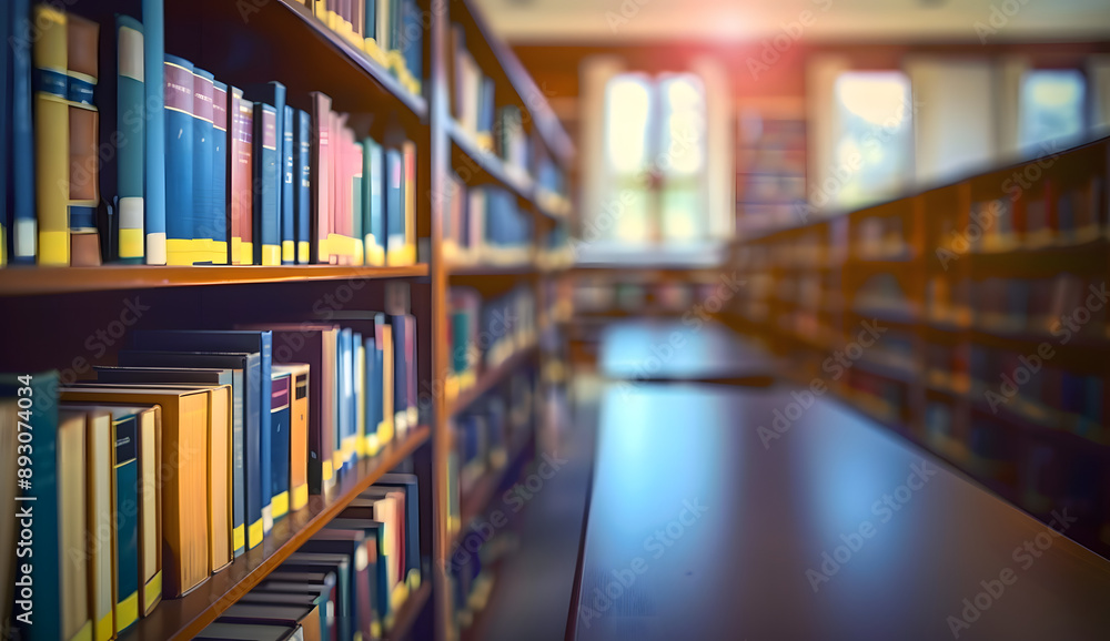 Poster blurred classroom with bookshelves based on defocussed effect. abstract blurred empty university lib
