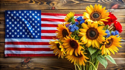 Vibrant patriotic sunflower arrangement with American flag stripes and stars on a rustic wooden background celebrating independence day.