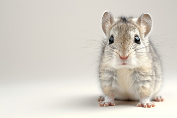 A close-up of a white and brown hamster sitting on a white background. The hamster is looking directly at the camera with its big, dark eyes.