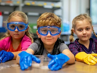 Kids in a science lab wearing goggles and gloves, learning, early science education