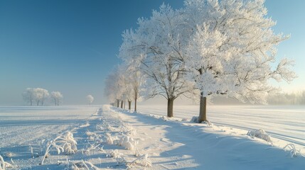 A Line of Trees Covered in White Snow on a Sunny Day - Generative AI