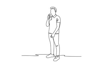 Obraz premium continues line man talking with microphone doing presentation. one line art illustration