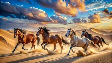 Majestic horses gallop freely in unbridled splendor amidst endless dunes and vast blue skies in serene desert landscape scenery.