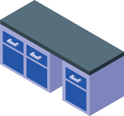 Isometric projection of a modern kitchen counter with drawers for storing kitchenware