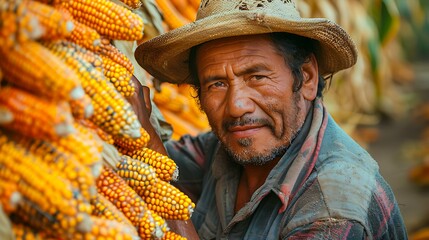 A rugged man wearing a straw hat stands beside a bundle of harvested corn, reflecting his hard work and connection to agriculture. This image can be used for topics related to rural life