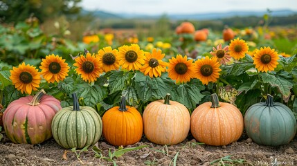 Various colored pumpkins are lined up in front of bright, cheerful sunflowers in an open field, creating a vibrant autumn scene perfect for seasonal promotions © Kakabe