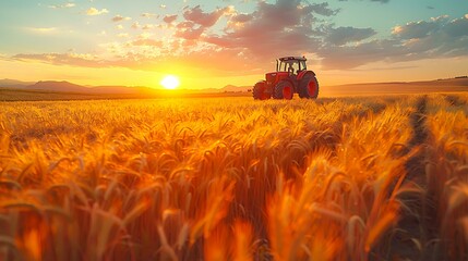 Fototapeta premium Golden wheat field at sunset with a tractor, ideal for agricultural business promotions, rural lifestyle blogs, and farming industry advertisements.