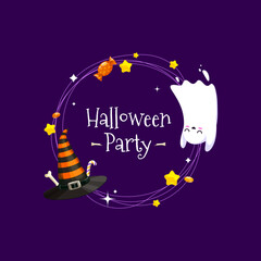 Halloween frame with kawaii ghost, holiday sweets candies, and witch hat. Vector border with cute spook character celebrate party night with eerie delights, thrills, creepy chills, and ghostly fun