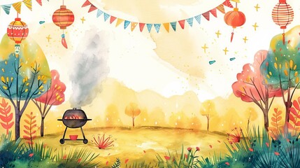 A community cookout event in a park, grill smoke rising, warm sunlight, vibrant decorations, watercolor style, cheerful and welcoming scene