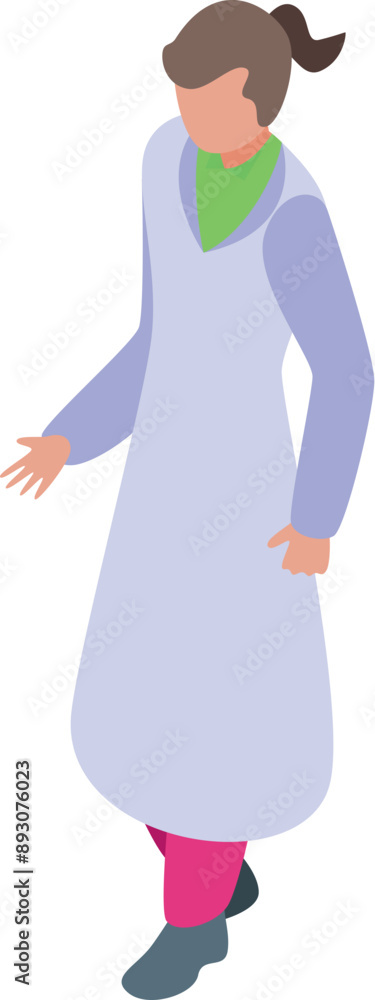 Poster female scientist is walking in a lab coat, gesturing with her hand as if presenting or explaining so