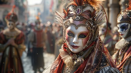 Fototapeta premium A Group of People Wearing Masks and Elaborate Costumes on a Crowded Street in Venice, Italy - Generative AI