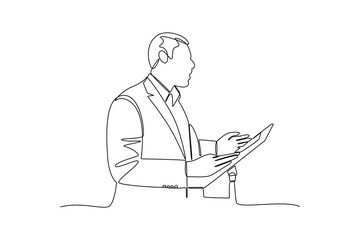 continuous line of business people in front of the pulpit speaking a presentation speech. one line art illustration