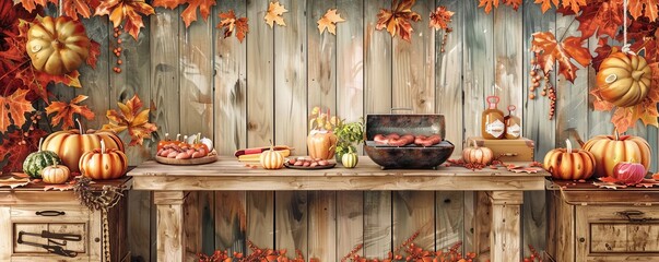 An autumn harvest festival with a grill station, seasonal decorations, pumpkins and leaves, rustic setting, watercolor style, warm and festive mood