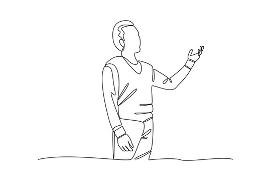 recommend clip art: continuous line of presentation people raise hands explaining ideas. one line art illustration