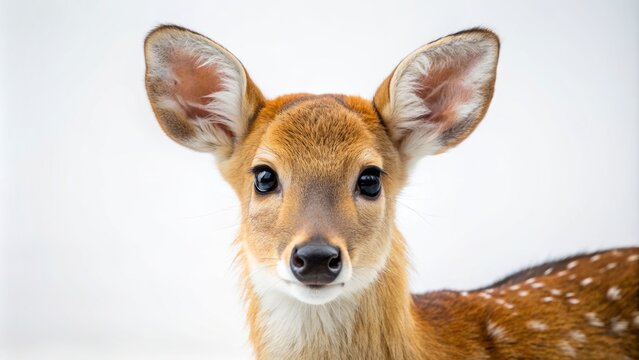 Adorable Chinese water deer with white spots and endearing eyes posed cutely on a pristine white background, showcasing innocence.