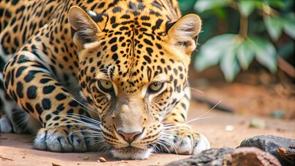 Obraz premium Close-up of a leopard crouched and stalking its prey in the wild, leopard, wildlife, predator, hunt, stalking, African