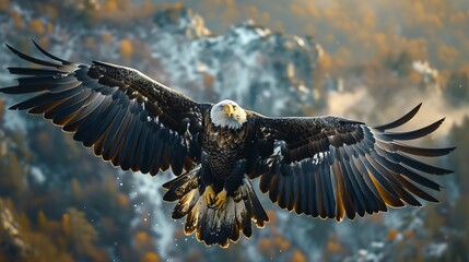 Fototapeta premium A Bald Eagle Soaring Over a Forested Area With Mountains in the Background - Generative AI