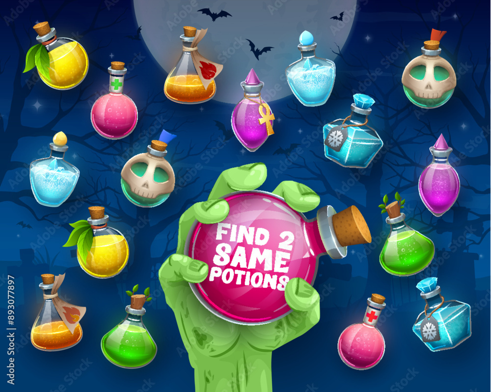 Aufkleber find two same halloween magic witch potion bottles. difference spotting children playing activity, o