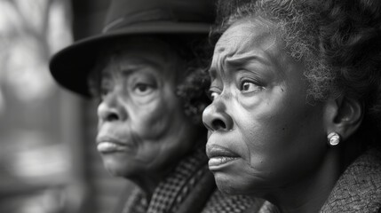 Obraz premium A Black and White Photo of Two Elderly Women Looking at Something off to the Side - Generative AI