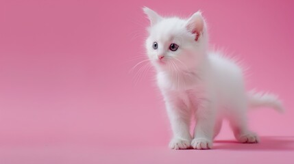 Fototapeta premium White cute small kitten on pink background