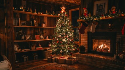 A cozy Christmas setting with a decorated tree, presents, and a warm fireplace, surrounded by festive lights, stockings, and cozy furniture.