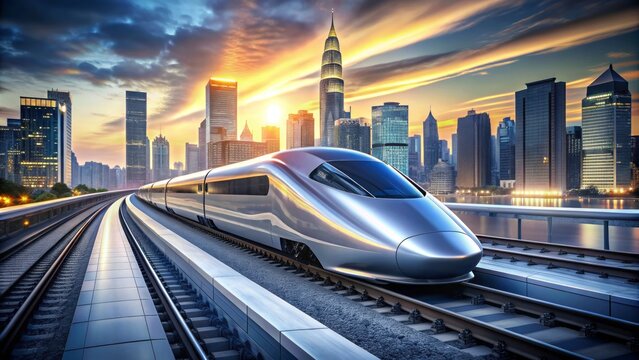 Futuristic silver bullet train blurs past neon-lit cityscape at dusk, sleek aerodynamic design speeding towards tomorrow's horizon.
