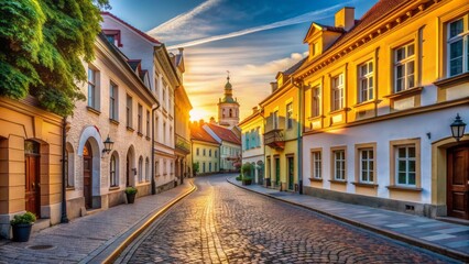 Obraz premium Soft morning light casts long shadows on cobblestone streets and historic buildings in Vilnius' tranquil Old Town, Lithuania.