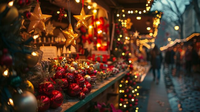 A festive Christmas market scene with twinkling lights, snow, decorated stalls, and ornaments.