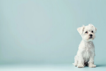 Charming small white dog with a bow on a light blue background. Ideal for pet boutiques, online pet stores, and pet-themed blogs. Use this image for social media posts, website banners, and marketing