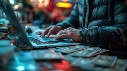 A close-up of a hacker's hands forging digital identities to access financial accounts, with fake IDs and stolen credentials scattered on a desk