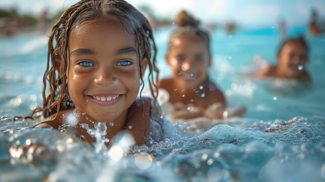 Parent-Child Bonding. A touching moment of a parent teaching their child to swim, with supportive gestures and smiles, emphasizing family bonding