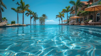 Resort Pool Relaxation: people relaxing in a resort pool with gentle waves, some floating on loungers while others swim, under a clear, sunny sky 