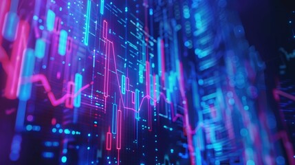 Financial graph with futuristic blue holographic lines and grids