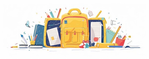 Fun and colorful flat style cartoon illustration of school supplies on a white background, featuring a yellow backpack.