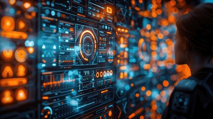 Screens displaying social media profiles and tracking algorithms, symbolizing online surveillance and data mining