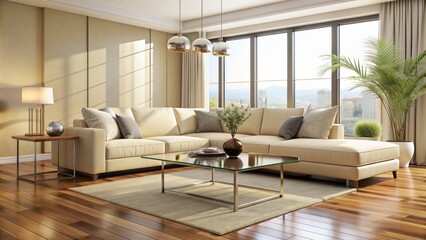 Fototapeta premium Cream-colored sectional sofa sits atop polished hardwood floor amidst sleek glass coffee table and minimalist modern decorative accents.