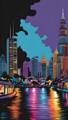 realistic digital painting in nighlife city, papercut art with blending color