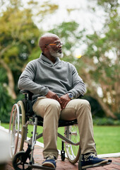 Obraz premium Ideas, nature and elderly man in wheelchair with memory, remember or reflection in outdoor park. Planning, thinking and senior African male person with disability in retirement in garden or field.