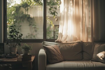 Interior design of living room with sofa, coffee table and plants