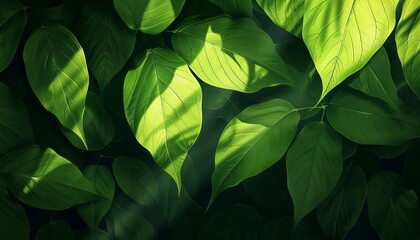 Fototapeta premium Green Leaves Abstract Design with Shadow and Light Effects, Nature-Inspired Decorative Art, Copy Space